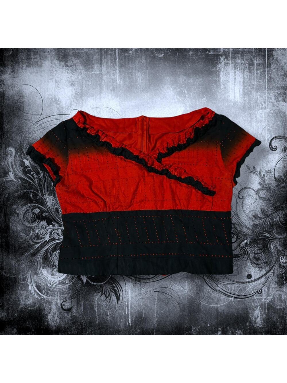 cropped red and black eyelet gradient fade soft ruffle top